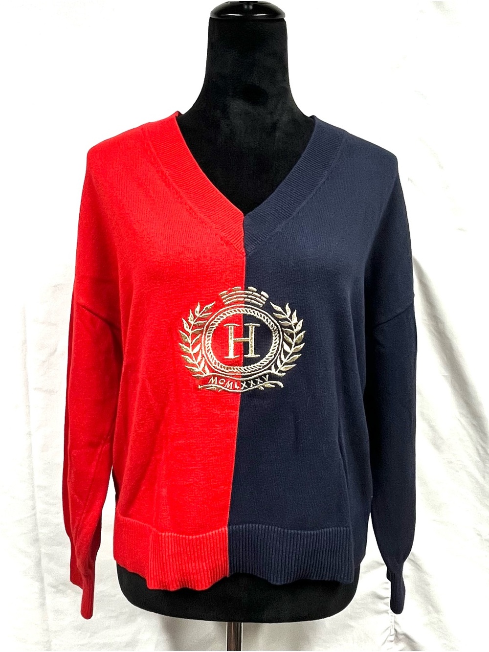 Tommy Hilfiger Crest Logo Color Block V-Neck Sweater in Red & Navy